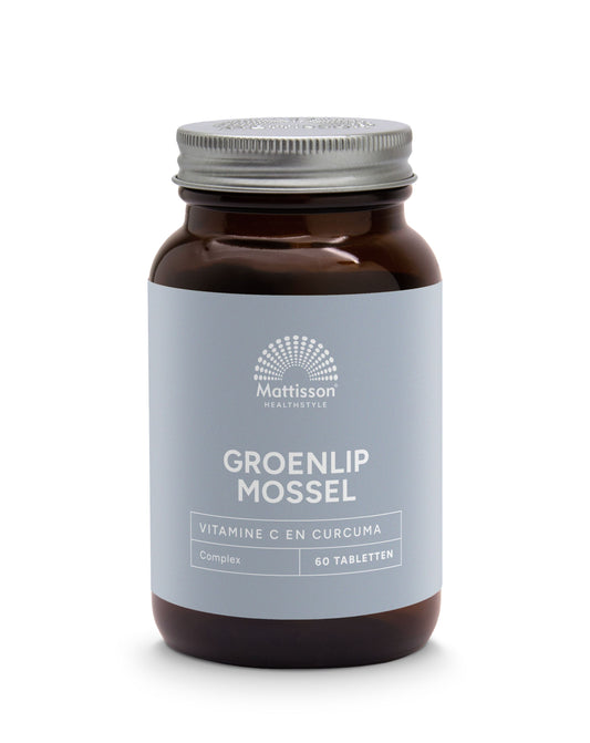 Mattisson Groenlipmossel complex Vetzuren supplement in tablet form, featuring green-lipped mussel extract from New Zealand.