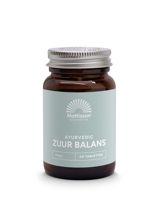 Mattisson Absolute Zuur Balans herbal supplement tablets in a blister pack, designed to support digestive health.