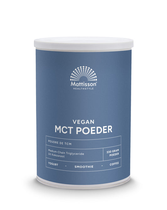 Mattisson Vegan MCT powder with coconut flavor in a 330g container, showing the white powder inside a clear jar.