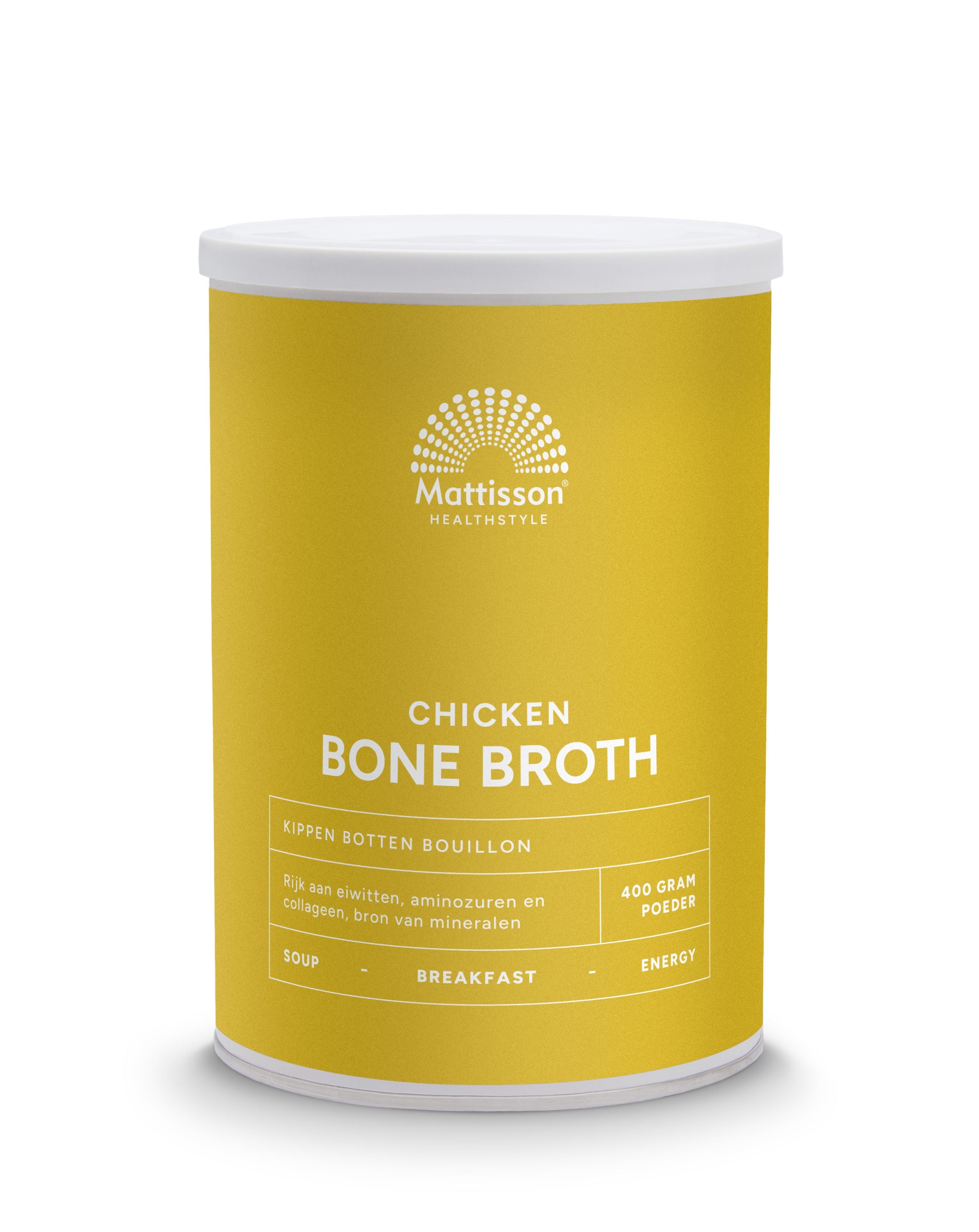 Mattisson chicken bone broth in a 400g can, rich and flavorful, perfect for soups and cooking.