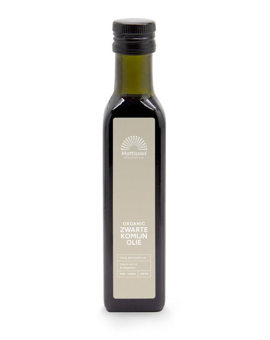 Organic black cumin oil by Mattisson in a 250ml bottle, shown in a clear container with a dark liquid inside.