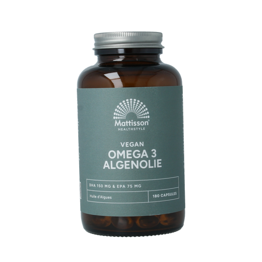 Vegan omega 3 algae oil capsules from Mattisson with DHA 150mg and EPA 75mg in a bottle.