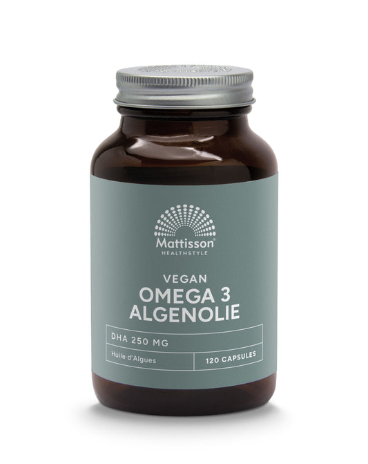 Mattisson Vegan Omega-3 Algenolie vegetarian capsules, showing the package with 120 vegetal softgel capsules and product label.