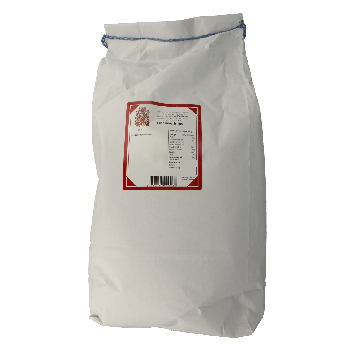 Le Poole Boekweitmeel in 5 kg bag, gluten-free buckwheat flour for baking, in a sealed package with product label and branding.