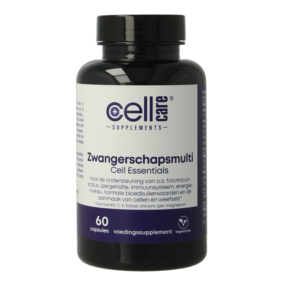 CellCare Zwangerschapsmulti multivitamin capsules for pregnancy, showing a bottle of CellCare pregnancy multivitamins.