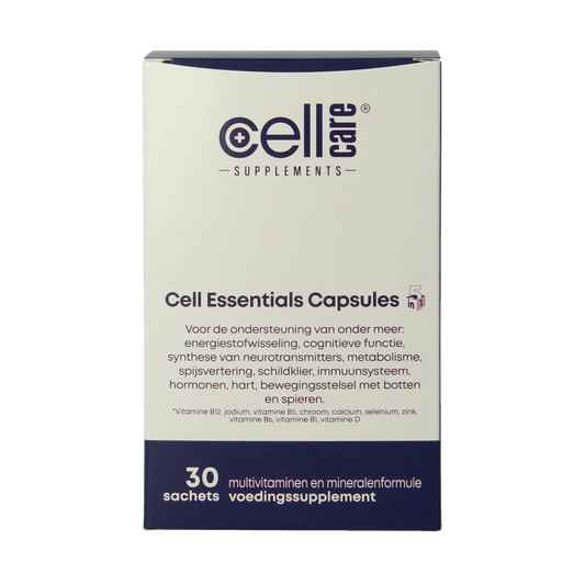 CellCare multi-vitamin capsules in a 30-sachet package, showing colorful capsules in a clear container.