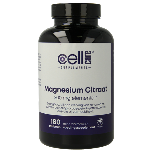 CellCare Magnesium 200mg mineral supplement tablets, 180 count, showing the bottle label and tablets inside.