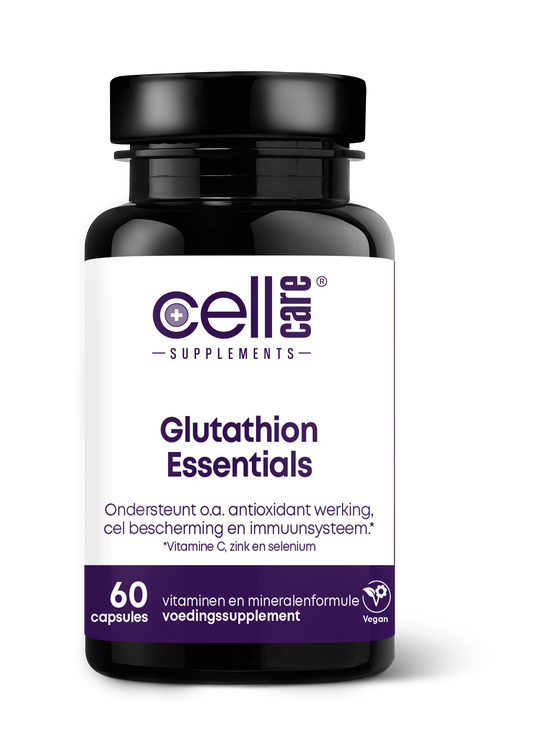 CellCare Glutathion essentials vegetarian capsules, amino acids supplement in a clear container with capsules visible inside.