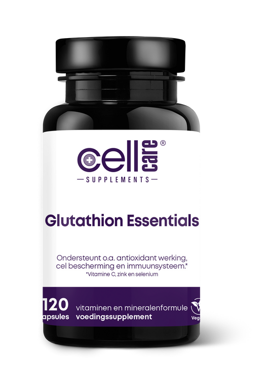 CellCare Glutathion essentials vegetarian amino acid capsules in a bottle, dietary supplement for immune support.