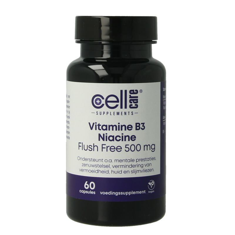 CellCare Vitamin B3 Niacin Flush-Free 500mg vegetarian capsules, close-up of the supplement bottle with capsules inside.