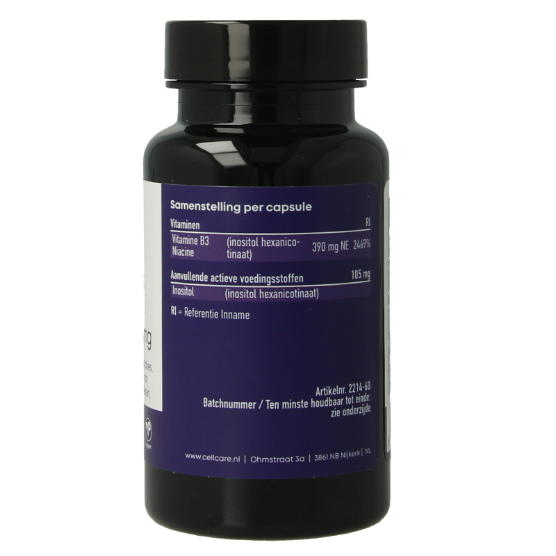 CellCare Vitamin B3 niacin flush-free 500mg vegetarian capsules, showing a bottle of dietary supplements.