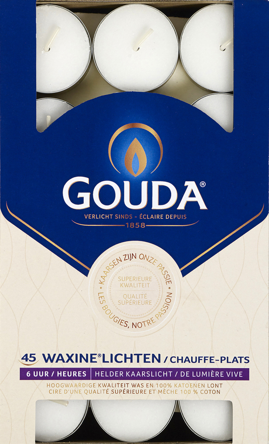 Gouda waxinelicht candles in white, 6-hour burn time, 45-pack, perfect for decorative lighting or special occasions