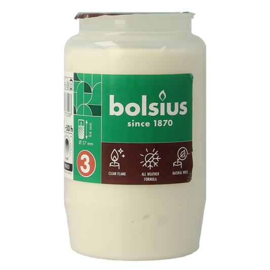Bolsius Herdenkingslicht nr 3 compo transparent candle on a white surface, designed for remembrance or memorial purposes
