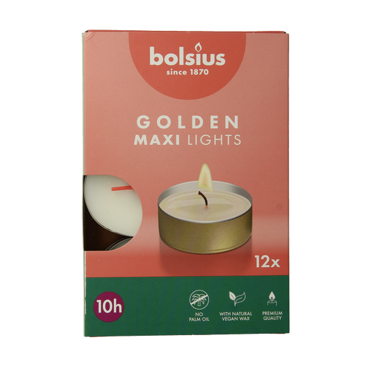 Bolsius Maxi lichten 10uur wit met gouden cup 12.00 Stuks