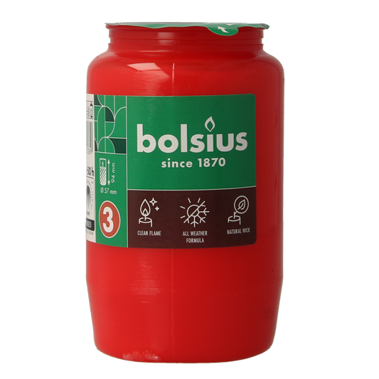 Red Bolsius memorial candle in a glass holder, designed for remembrance, with a lit flame and decorative elements.