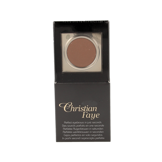 Christian Faye eyebrow makeup in bronze, 3g, with a close-up of the product tube and applicator for natural eyebrow enhancement.