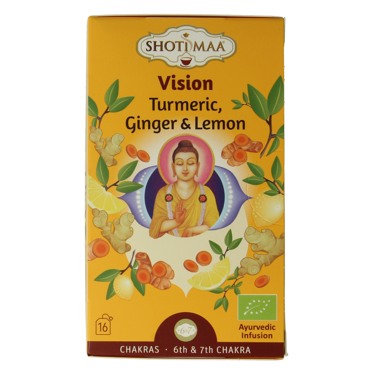 Shoti Maa Vision bio coffee and tea sachets, 16-pack, featuring organic herbal blend in individual servings.