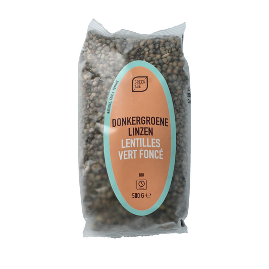 Greenage organic dark green lentils in a 500g package, fresh and whole, suitable for healthy cooking and nutritious meals