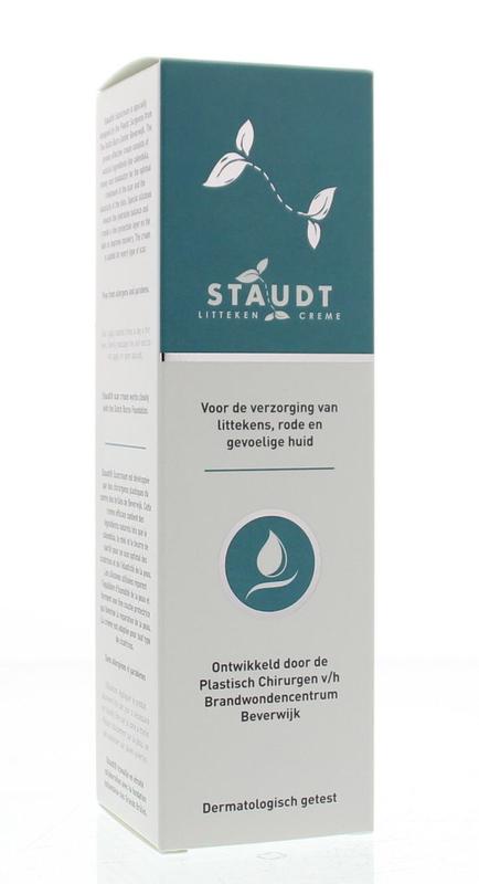 Staudt Littekencreme in 100ml tube, a body care product for scar treatment, with a white and green packaging design.