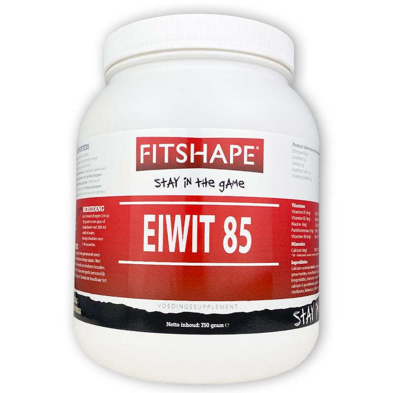 Fitshape Eiwit 85 I aardbei aminozuren supplement in 750g container with strawberry flavor.