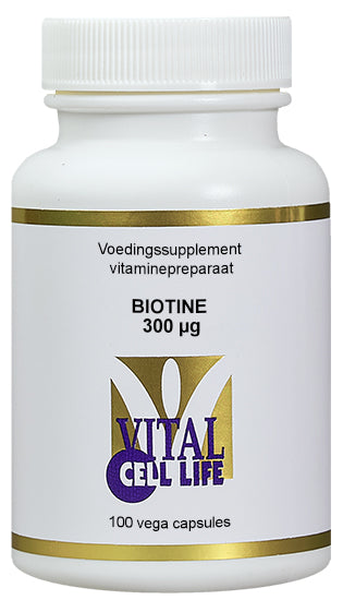 Vital Cell Life Biotine 300 mcg vegetarian capsules, dietary supplement for healthy hair and skin, shown in the image.