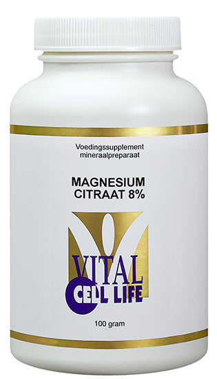 Vital Cell Life Magnesium Citrate powder in a 100g container, close-up of the mineral supplement packaging.