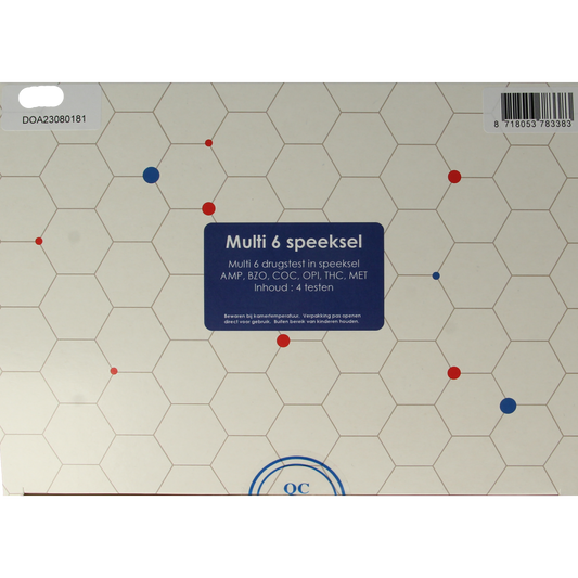 Testjezelf.nu multidrugtest kit with 6 saliva test strips, showing individual test cassette and packaging.