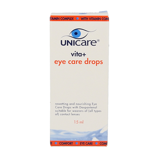 Unicare Vita+ eye care eye drops in a 15ml bottle, designed for eye moisturization and relief, with a clear dropper tip visible.