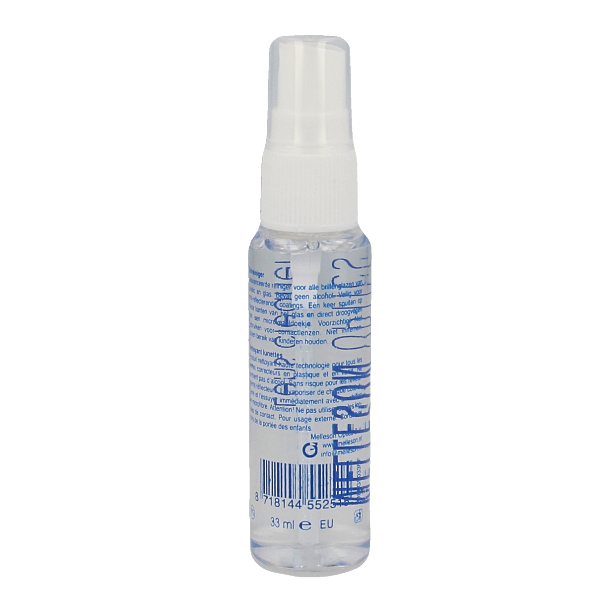 Melleson Optics Brilspray 33ml bottle for cleaning eyeglasses, with clear label and spray nozzle showing on a white background