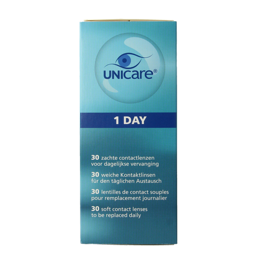 Unicare Daglenzen -6.50 contact lenses in a box, designed for optical use, with 30 pairs included.