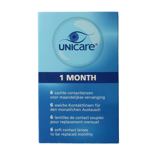 Unicare contact lenses -2.00 diopters, 6-pack, optiek brand, clear lenses in blister pack.