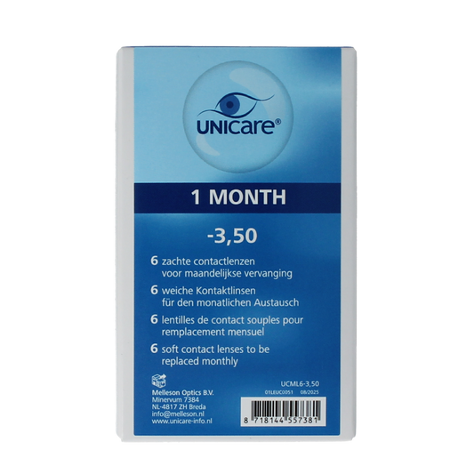 Unicare contact lenses in -3.50 strength, 6-pack, shown in a clear container for optiek eye care.