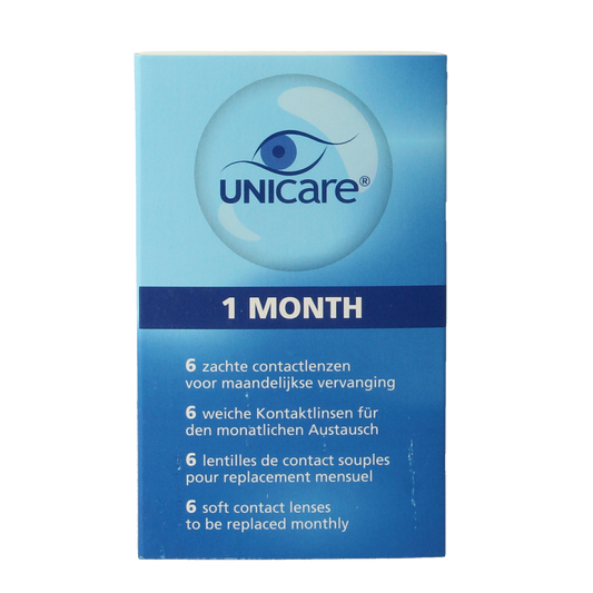 Unicare contact lenses -5.25 diopters, 6-pack, optiek brand, showing the lenses and packaging on a white background.