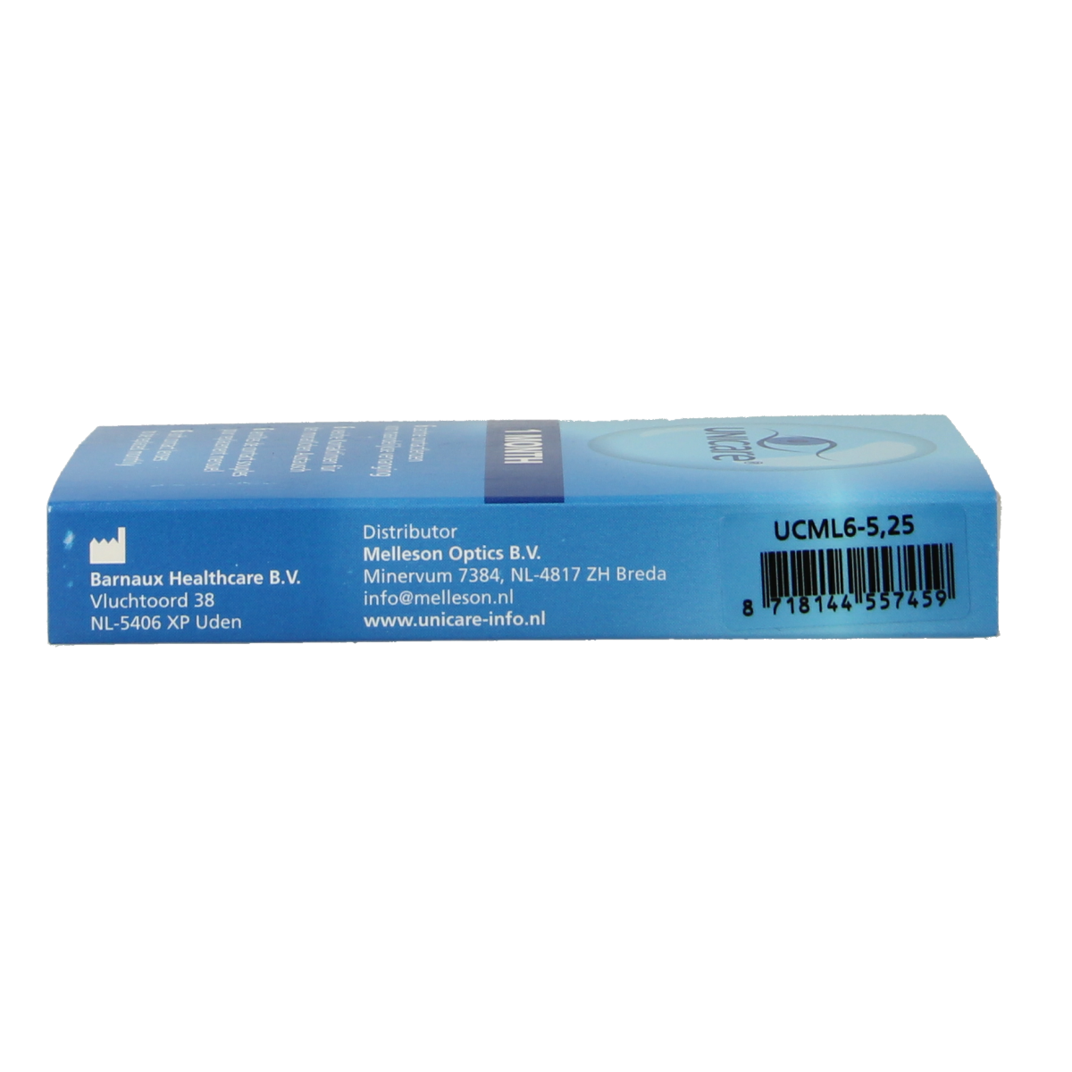 Unicare contact lenses -5.25 strength, 6-pack, in a clear case, with branding and packaging details visible.