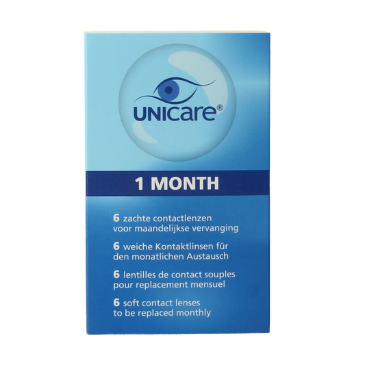 Unicare contact lenses +3.00 diopters, pack of 6, displayed in a clear container with lens case and packaging.