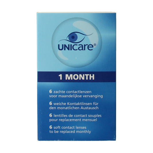 Unicare contact lenses -7.50 diopters, 6-pack, optical lenses for vision correction, in a clear container.
