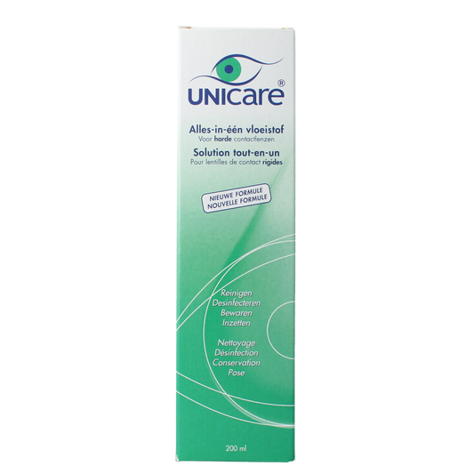 Unicare alles-in-een vloeistof voor harde contactlenzen, 200 ml, optiek product with bottle and label visible.