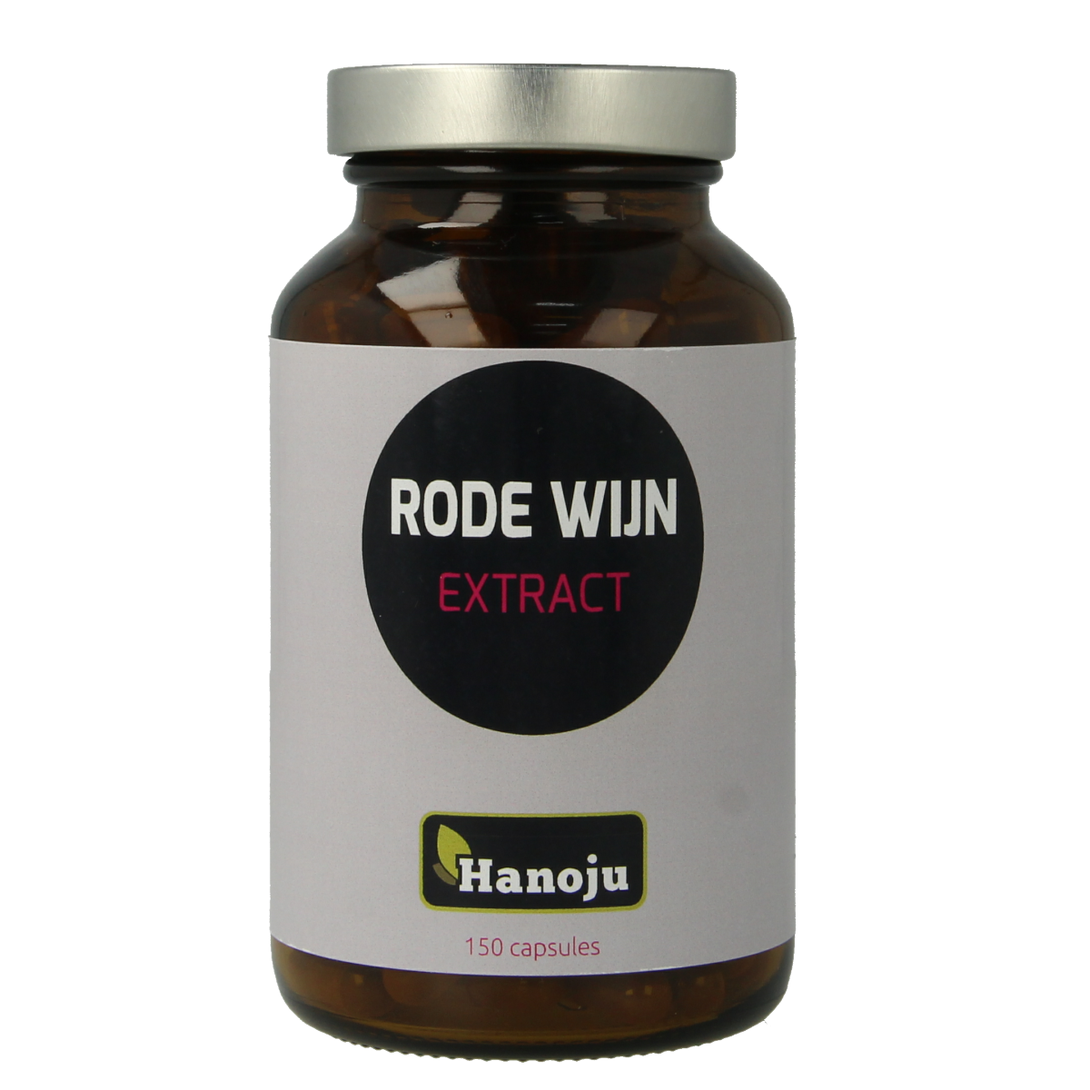 Hanoju Rode wijn extract vegetarische capsules, 250mg, herbal supplement in a transparent bottle with capsules inside.