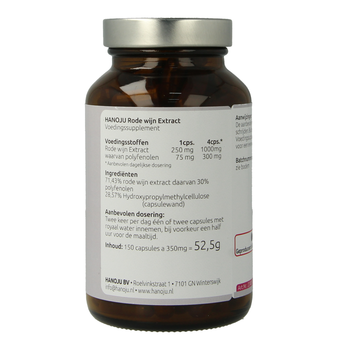 Hanoju Rode wijn extract vegetarische capsules, 250mg, in clear bottle with label, showing capsules and product packaging.