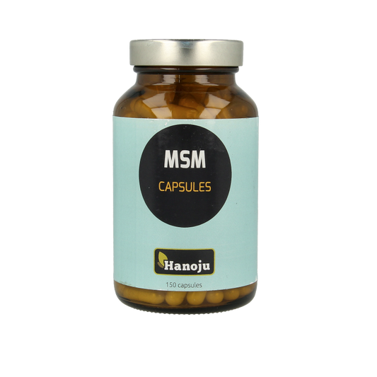 Hanoju MSM methyl 150 vegetarian mineral capsules in a bottle, showing the product label with capsules inside