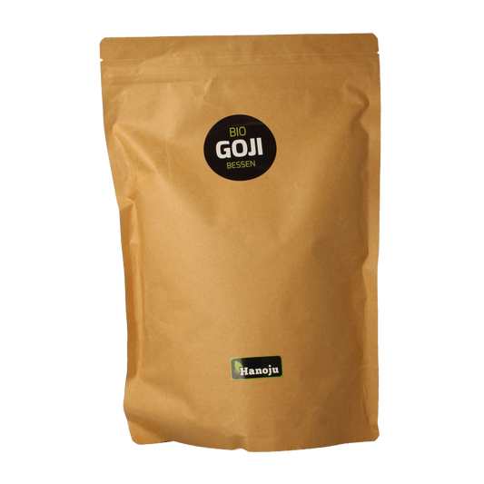 Hanoju organic dried goji berries in a 1kg package, raw superfood with vibrant red berries on a white background.
