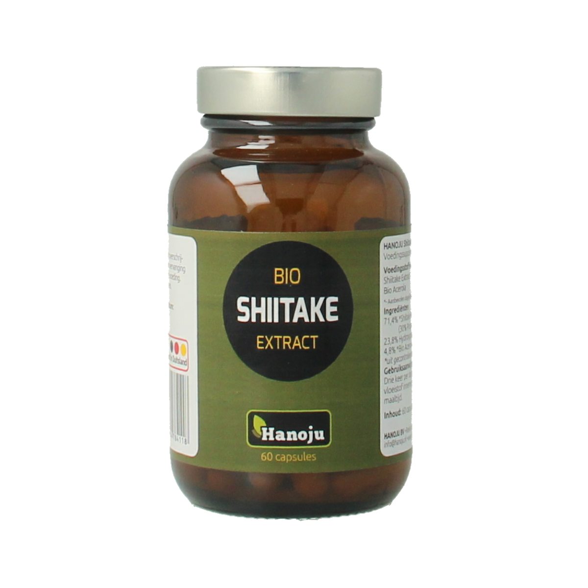 Hanoju Shiitake extract bio vegetarian capsules in a bottle, herbal supplement for immune support and overall wellness.