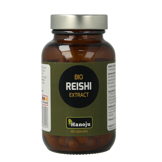 Hanoju Reishi extract bio capsules in a bottle, herbal supplement from Kruidenpreparaten line, natural mushroom extract supplement
