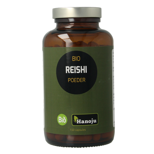 Hanoju Reishi paddenstoelen bio vegetarische capsules, kruidenpreparaat in een witte pot met capsule verpakking.