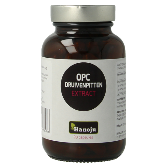 Hanoju OPC druivenpitten extract 400mg capsules, herbal supplement in a white bottle with green label.