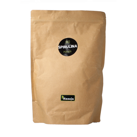 Hanoju bio spirulina powder in 1kg packaging, vibrant green organic superfood supplement from herbal preparations.