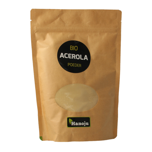 Hanoju Acerola powder bio in 250g packaging, featuring vibrant red acerola cherries and natural herbal supplement appearance.