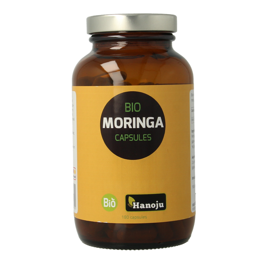Hanoju Bio Moringa capsules in a bottle, herbal supplement, 180 capsules, natural plant-based kruidpreparaten, dietary supplement