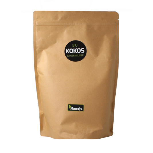 Organic coconut blossom sugar by Hanoju in a 1 kg package, featuring a bag of natural, unrefined sweetener with a light brown color.