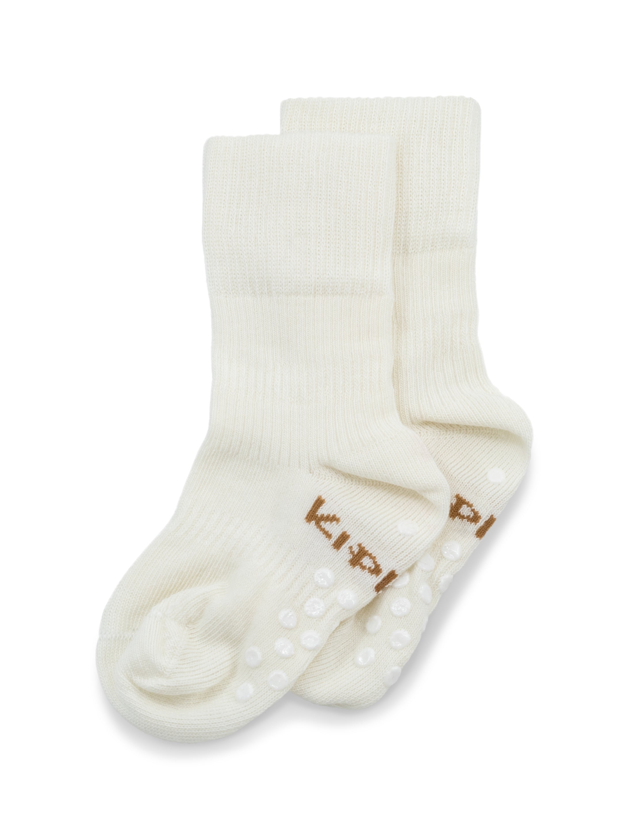 KipKep Blijf baby sokjes in wit for ages 12-28 months, soft cotton socks with non-slip soles, one pair.